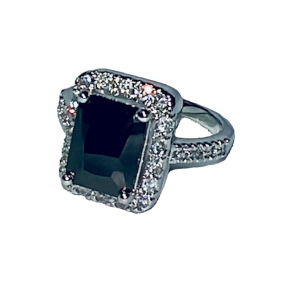 3Ct Emerald Cut Black Diamond Halo Ring - Size 10